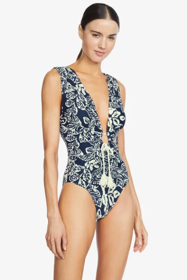 Robin Piccone One Pieces-Indah Shirred One Piece Navy/Ecru